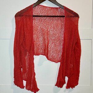 Boho Sheer Knit Mesh Tie Front Cardigan Coral Pink Y2K Fairycore Lettuce Hem